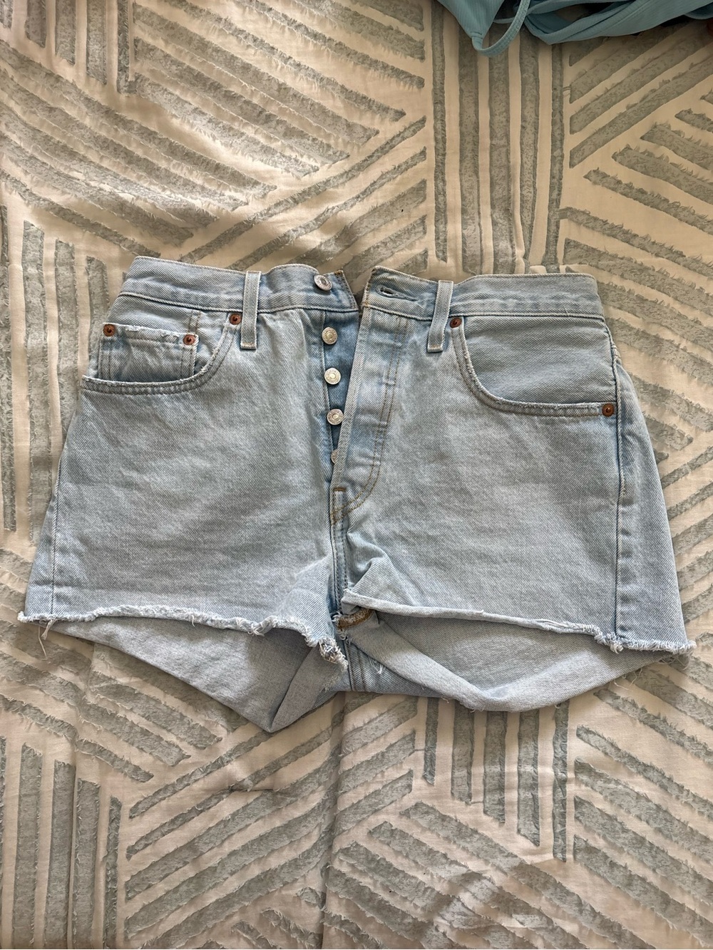 High-Rise Light Blue Button-Fly Denim Shorts